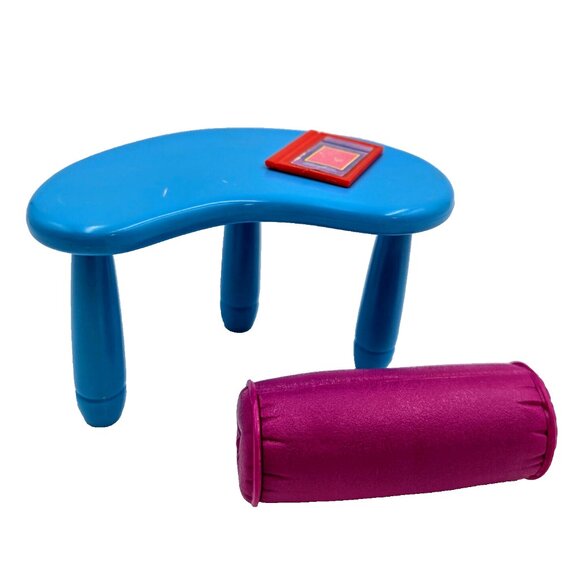 Barbie Dollhouse Accessory Lot 2005 Blue Kidney Shaped Table Pink Pillow Book - Picture 1 of 8